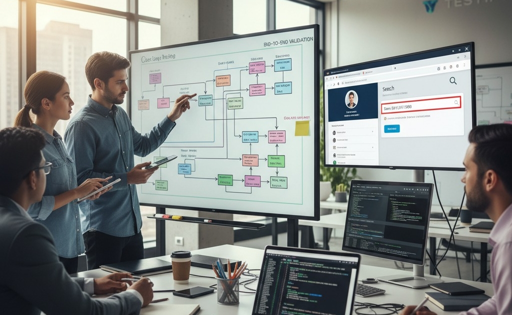 Besprechung zur Datenintegrität: Team analysiert Testing-Prozess