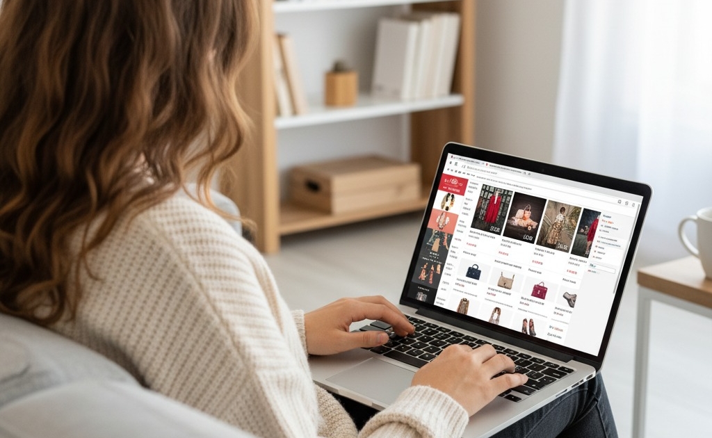 Eine Kundin scrollt an ihrem Laptop durch einen Webshop